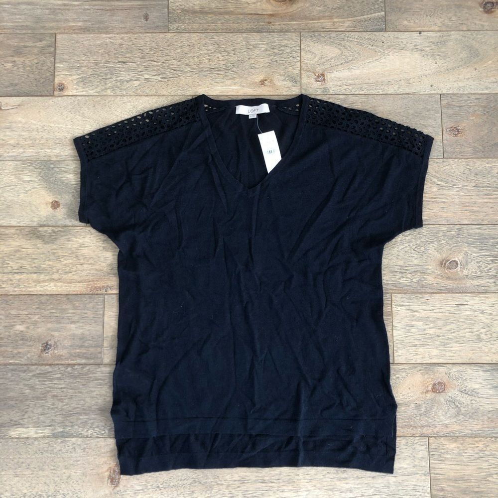 LOFT Navy Blue Eyelet Flutter Sleeve Knit Top XS